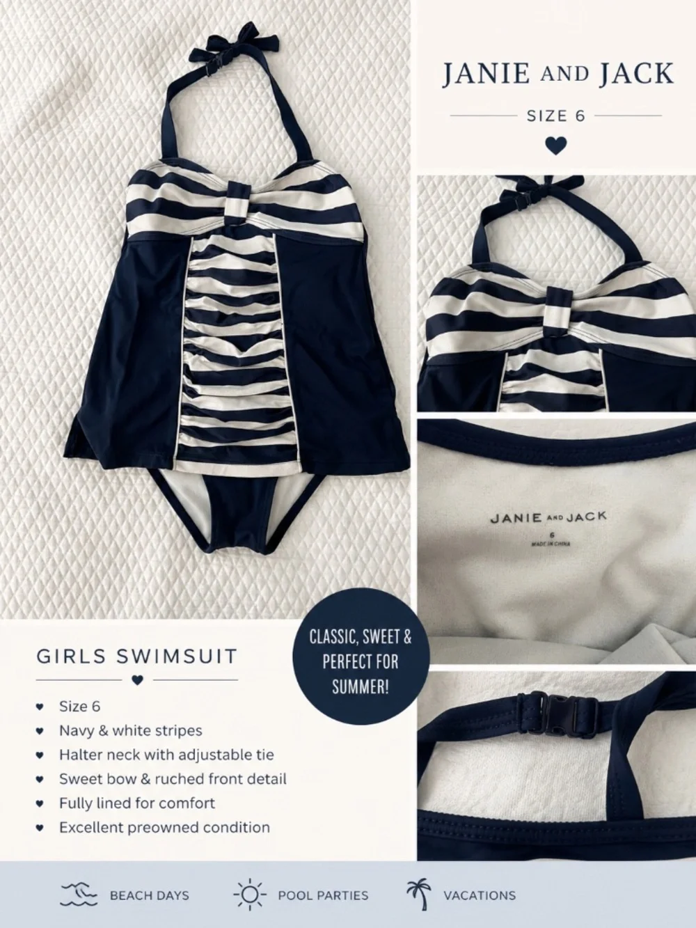 Janie and Jack Navy Stripe Tankini Swimsuit Girls Size 6 EUC